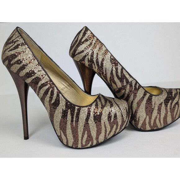 Qupid Women's Shoes 5 Inch Heels Gold Brown Stripes Size 6 Party Dress Glitter! - Picture 5 of 8